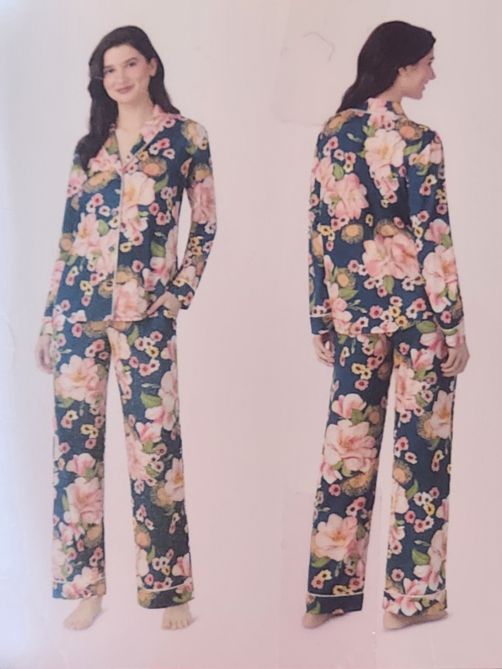 Women’s Navy Floral Button-Front Pajama Set with Pink Blossoms